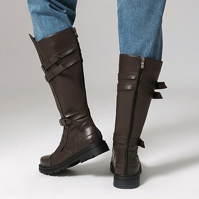 Men's Brown Strapped Knee-High Boots – Rugged Style with Bold Straps ...