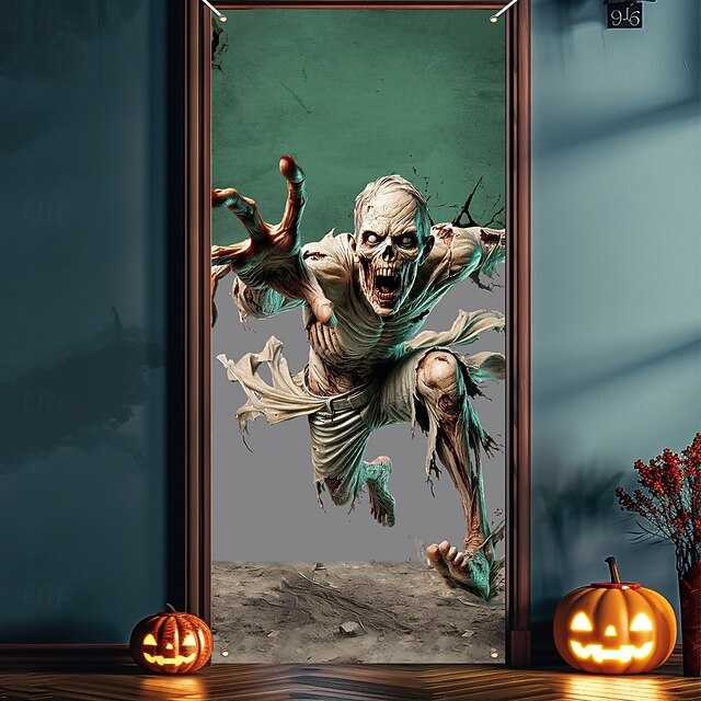 Halloween Door Covers Black and White Running Skeleton Tapestry Door Curtain Decoration, Spooky Horror Backdrop Door Banner for Front Door Indoor Outdoor Haunted House Party Decor3