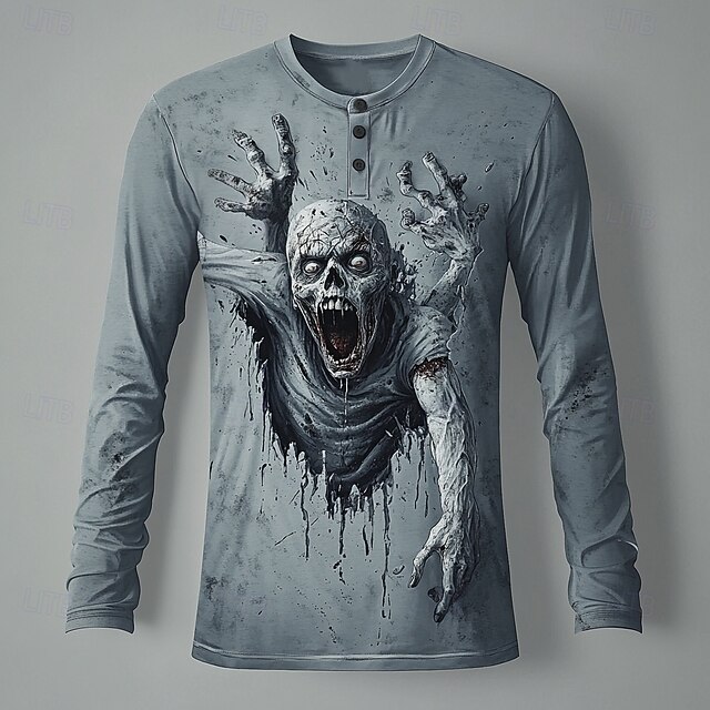 Men's Halloween Graphic Zombies Henley Shirt Long Sleeve Fashion Cute Daily Casual Holiday Going out Fall Spring &  Fall Gray Henley Henley T-Shirt4