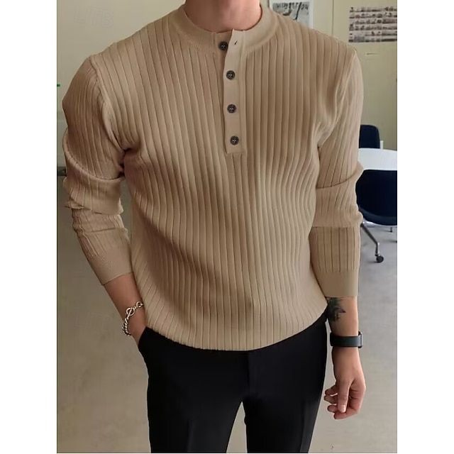  男性用 Tシャツ マッスルシャツ リブニットTシャツ ティートップ 長袖 ヘンリーカラー 春 秋 冬 平織り ピットストリップ ファッション デザイナー ベーシック 編み バケーション ストリート カジュアル ブラック ホワイト ブルー メンズトップTシャツ