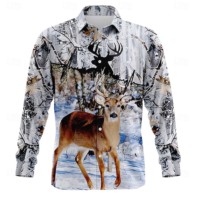 Per uomo Mimetico Renna Camicia Camicia con Bottoni Manica Lunga Vintage Retrò All'aperto Campeggio & Escursionismo Caccia Primavera Autunno Collo ripiegato Stampa 3D Camicia tipo lino Bianco 1