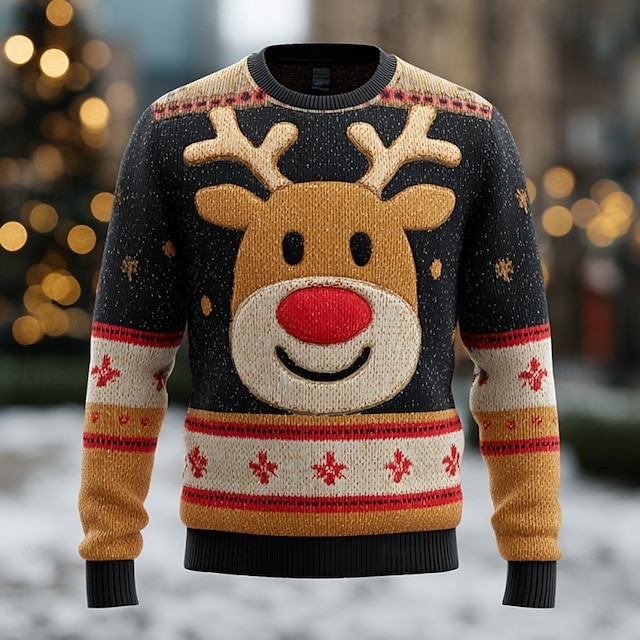 Ruma joulupaita Miesten Hirvi 3D-tulostus Lumihiutale Neulepusero Knitwear Pyöreäkauluksinen Vapaa-aika Loma Päivittäin Festivaali Pidä Lämmin Pitkähihainen Kevät Syksy Talvi Musta Rubiini Apila