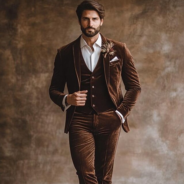 Men's Wedding Party Business Suits Notch Lapel Brown Daily Formal Solid Colored Slim Fit 3 Piece Single Breasted One-button4