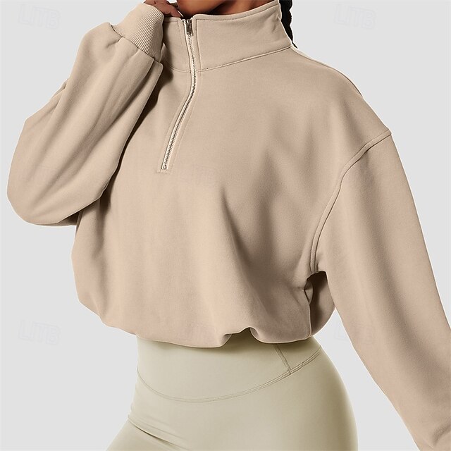Women's Pullover Sweatshirts Zip Up Sweatshirts Plain Sports Fashion Casual Long Sleeve High Neck Regular Tops Street Dailywear Casual Half Zipper Quarter Zipper Zipper Khaki Fall Winter4