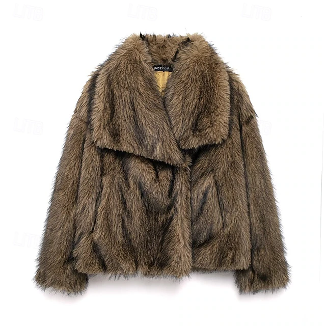 Women's Faux Fur Coat Warm Comfortable Pocket Furs & Leathers Casual Plain Outdoor Vacation Street Going out Regular Turndown Regular Fit Long Sleeve Outerwear Brown Fall Winter4