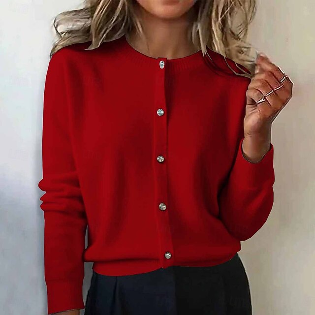 Women's Sweater Cardigan Streetwear Casual Solid Color Crew Neck Buttons Knitted Long Sleeve Regular Tops Knit Daily Holiday Going out Wine Red Spring Fall4