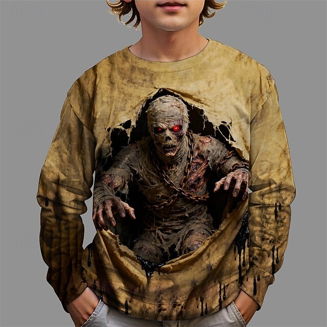 Halloween Boys' 3D Ghost T shirt Tee Long Sleeve Spring Fall Fashion Basic Kids 4-12 Years Crew Neck Outdoor Casual Daily Regular Fit4