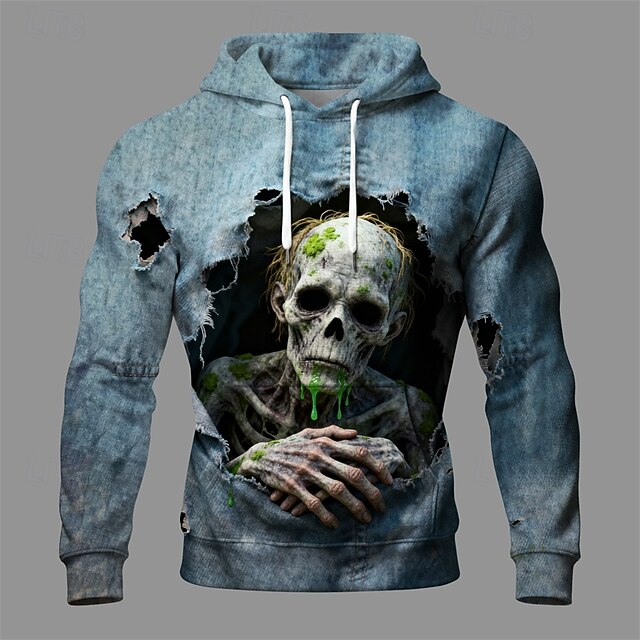 Halloween Men's Skull Hoodie Fashion Daily Hooded Vacation Party Streetwear Blue Drawstring Pocket Printing Fall Winter Designer4