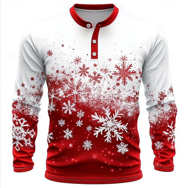  Homme Noël Motif de flocon de neige Chemise Henley manche longue Mode Mignon Quotidien Occasionnel Fête Sortir Hiver Printemps & Automne Rouge Henley T-shirt Henley