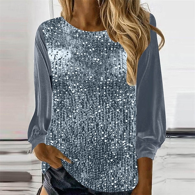  Femmes T-shirt Couleur Unie ancien Mode Élégant manche longue Col ras du cou Col rond Hauts Réguliers Quotidien Week-end Paillettes Patchwork Gris Printemps Automne