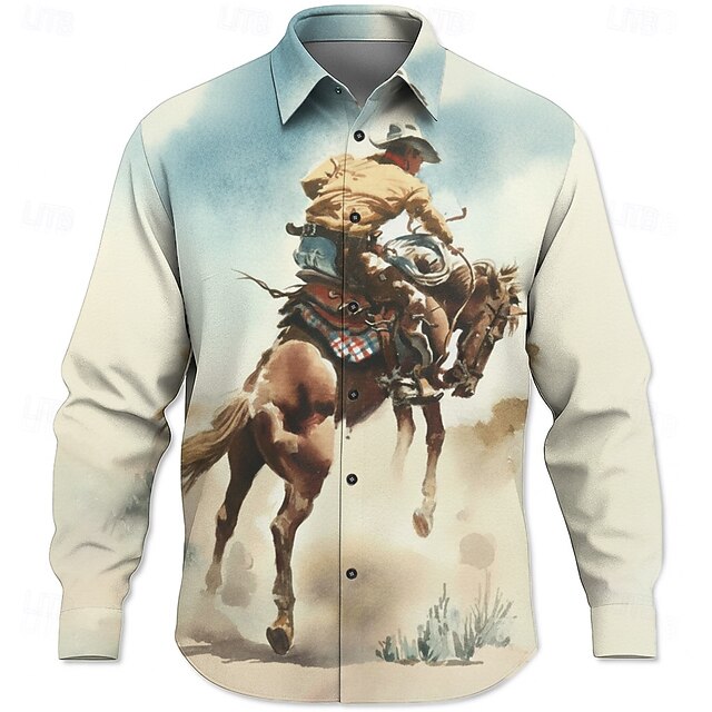 Men's Cowboy Riding Horse Shirt Western Shirt Button Up Shirt Long Sleeve Vintage Retro Outdoor Casual WorkWear Spring Fall Turndown 3D Print Collared Shirts Light Blue4