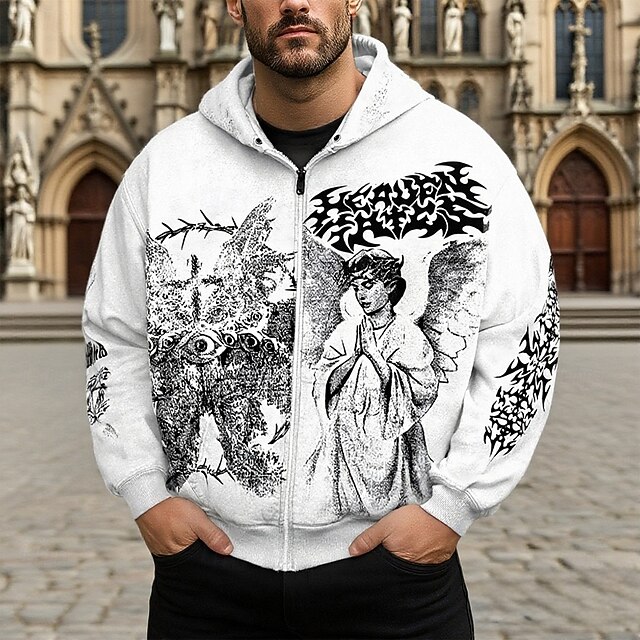 Men's Graphic Angel Hoodie Fashion Daily Hooded Vacation Party Streetwear Black White Zip Up Pocket Printing Spring Fall Designer4