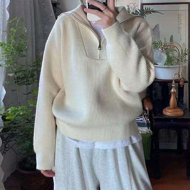 Women's Sweater Fashion Streetwear Casual Solid Color Ribbed Half Zip Knitted Long Sleeve Regular Tops Knit Outdoor Daily Weekend Beige Fall Winter4