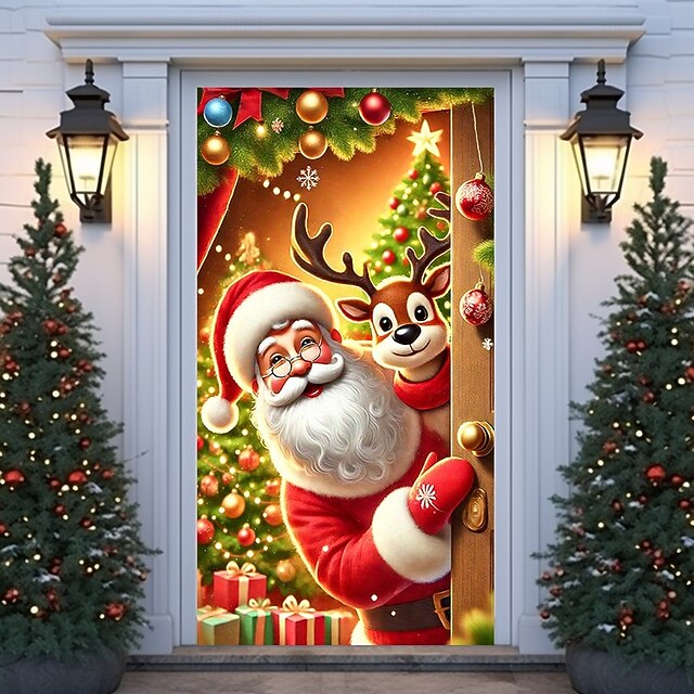 Christmas Door Cover Winter Holiday Decoration Drapes with Santa Claus Reindeer and Christmas Ornament Balls Print for Home Entryway Living Room Bedroom Indoor Outdoor Wall Hanging Festive Decor4