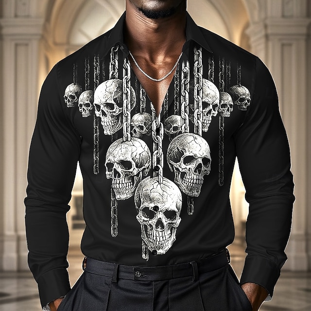  Halloween Bărbați Lanțuri de imprimare Cranii Cămașă Cămașă din satin Cămașă de Costum Manșon Lung Stil gotic întunecat În aer liber Concediu Vară Primăvară Toamnă Răsfrânt Imprimare 3D Cămăși cu