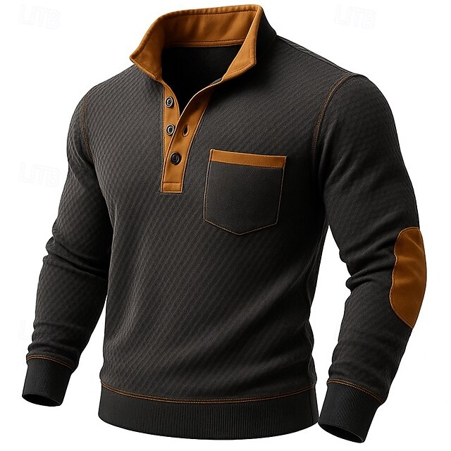 Men's Sweatshirt Waffle Sweatshirt Pullover Hoodie Sweatshirt Pullover Button Up Hoodie Black Standing Collar Plain Patchwork Color Block Sports & Outdoor Casual Daily Streetwear Cool Sportswear4