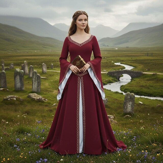 PAIDAXING Gothic Halloweenkostuum voor dames, renaissance, middeleeuws, met capuchon, vampier, heks, carnaval, retro, Victoriaanse uitlopende mouwen, vloerlengte, baljurk korset, maxi-jurk, cosplay