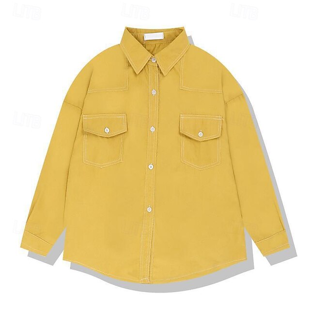 Women's Shirt Blouse Plain Vintage Stylish Long Sleeve Shirt Collar Regular Tops Holiday Going out Pocket Buttons Yellow Spring Fall4