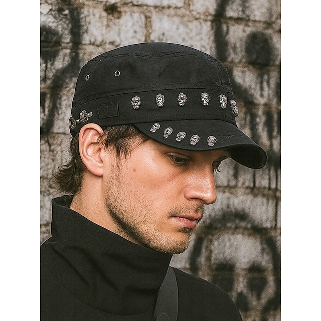  Herren-Halloweenhut mit Totenkopf-Verzierung – Gothic-Punk-Kappe aus Baumwolle für Partys, Konzerte und Cosplay