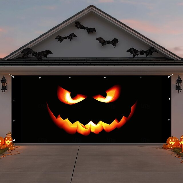 Halloween Garage Door Cover, Black Pumpkin Scary Haunted House Curtain, Creepy Spooky Outdoor Halloween Decoration, Horror Party Door Banner Indoor Outdoor Decor Supplies2