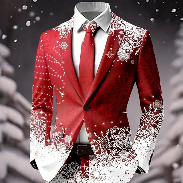  Pánské Blejzr Kabát Vánoce Dovolená Ležérní Běžné Denní Na běžné nošení Podzim zima 100% polyester Sněhová vločka 3D tisk Knoflíky Zahřívací Pohodlné Jednořadé Blejzr Červená 1 Červená 4 Červená 3