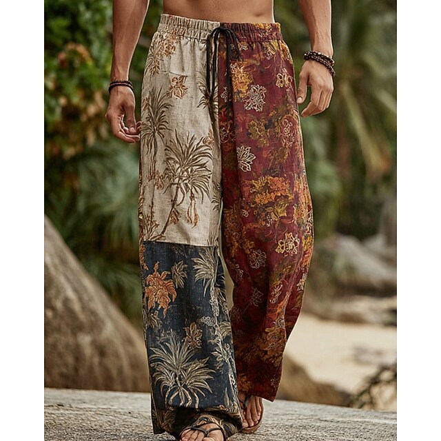 Men's Trousers Casual Pants Drawstring Pocket Elastic Waist Color Block Flowers Comfort Daily Going out Vintage Casual Red Micro-elastic4