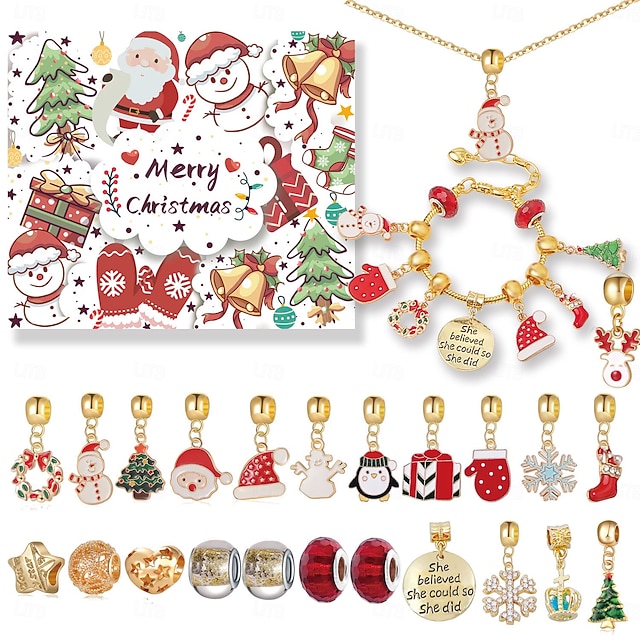  Jule Adventskalender Fyllstoffer Julegave Jenter Kvinner 24 Dager X-mas Nedtelling Kalender DIY Smykke Lagingsett Gave 22 Charm Perler 1 Armbånd 1 Halskjede