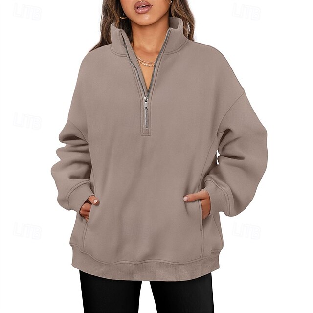 Women's Pullover Sweatshirts Zip Up Sweatshirts Plain Sports Fashion Casual Long Sleeve High Neck Regular Tops Street Dailywear Going out Half Zipper Quarter Zipper Zipper Brown Fall Winter4