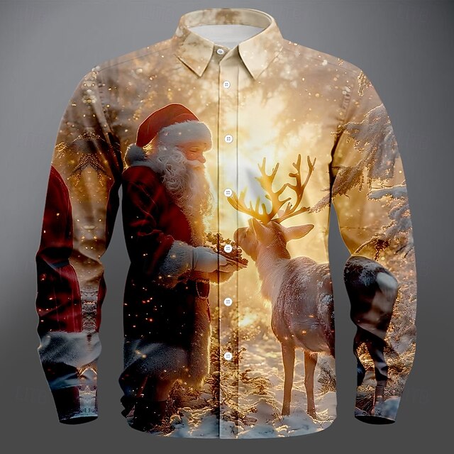 Christmas Men's Santa Claus Reindeer Christmas Scene Shirt Button Up Shirt Long Sleeve Vintage Retro Outdoor Holiday Spring Fall Turndown 3D Print Linen Like Shirt Khaki4