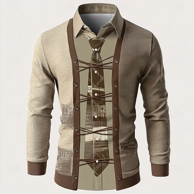 Men's Faux Collar and Cardigan Design Shirt Button Up Shirt Long Sleeve Vintage Retro Outdoor Casual Daily Spring Fall Turndown 3D Print Collared Shirts Khaki4