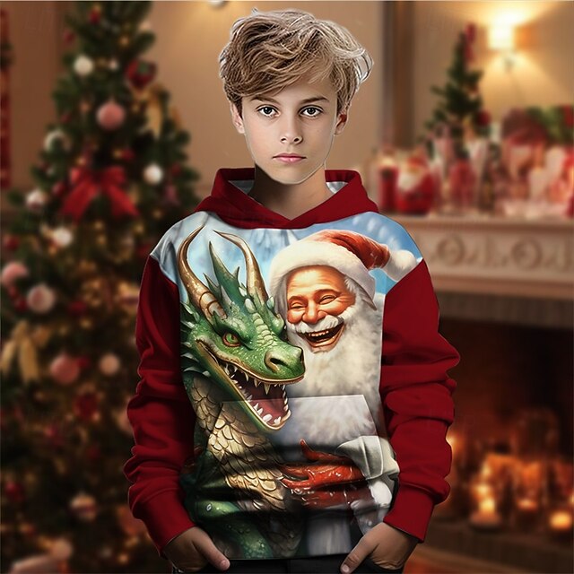 Christmas Boys' 3D Santa Claus Dinosaur Hoodie Long Sleeve Spring Fall Fashion Streetwear Kids 4-12 Years Hooded Outdoor Casual Daily Regular Fit4