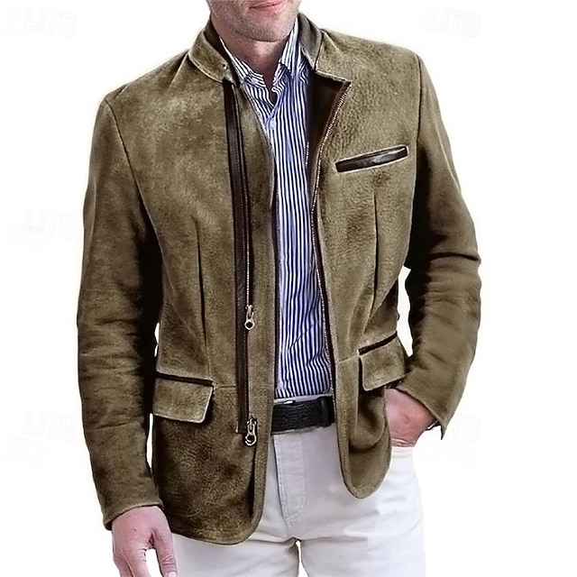  Homme Veste en faux suède Blazer en faux suède Veste Décontractée Vacances Quotidien Chaud Avec Poches Automne Hiver Uni Mode Classique Col montant Régulier Kaki Gris Veste