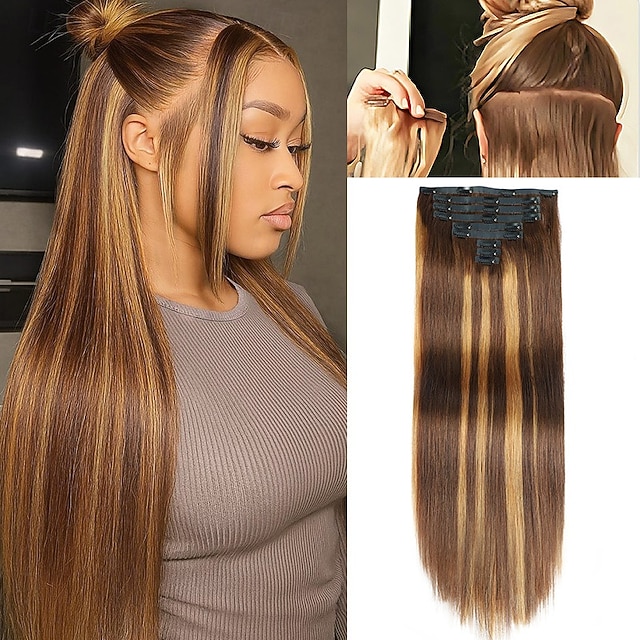  highlight p4/27 14-18 inch steil haar lang 9-delige set pu dikke clip-in haarextensies