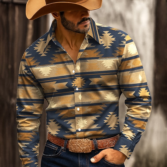 Miesten Geometrinen Intialainen kulttuuri Navajo-kuvio Paita Länsimainen paita Button Up paita Pitkähihainen Vintage retro ulko- Kausaliteetti Työasut Kevät Syksy Sänkyjen avaus 3D-tulostus