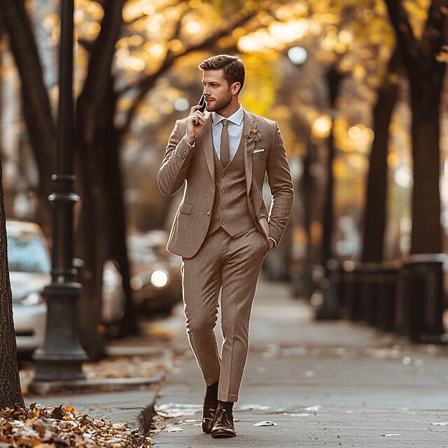 Men's Wedding Casual Business Suits Notch Lapel Brown Daily Formal Solid Colored Tailored Fit 3 Piece Single Breasted Two-buttons4