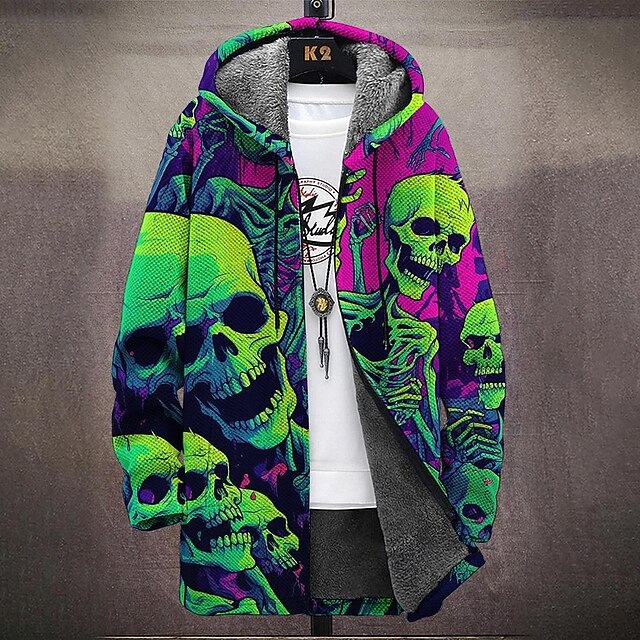Men's Skulls Winter Coat Fleece Jacket Coat Thermal Warm Comfortable Casual Daily Wear Zipper Pocket 3D Print Fall Winter Hooded Long Sleeve Green4