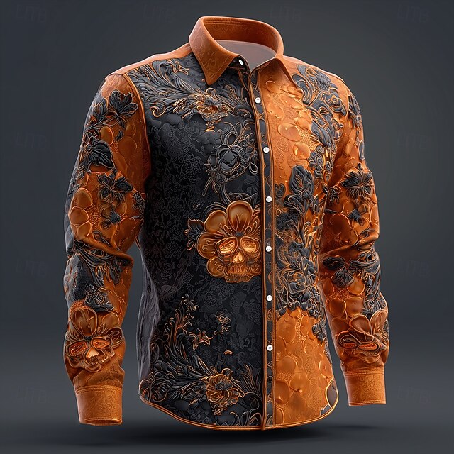 Men's Floral Print Gothic Day of the Dead Shirt Button Up Shirt Long Sleeve Vintage Retro Outdoor Holiday Spring Fall Turndown 3D Print Linen Like Shirt Orange4