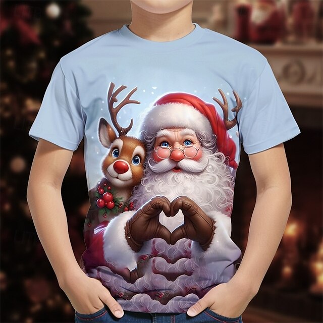 Christmas Boys' 3D Graphic Santa Claus Elk T shirt Tee Short Sleeve Summer Spring Fashion Basic Kids 4-12 Years Crew Neck Outdoor Casual Daily Regular Fit4