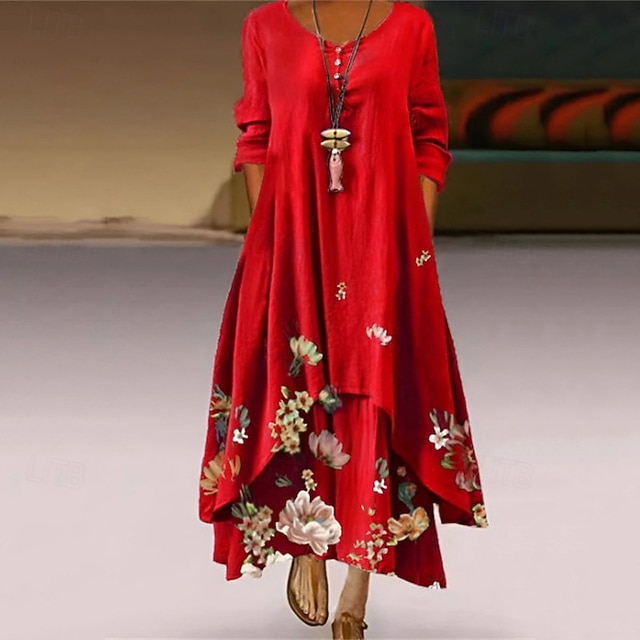  Damen Langes Kleid Maxikleid Freizeitkleid Druckkleid Elegant Mode Klassisch Outdoor Urlaub Ferien Normale Passform Blume Langarm V Ausschnitt Rote Frühling Herbst