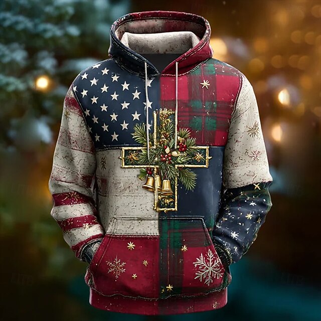 Christmas Men's Cross American Flag Hoodie Fashion Daily Hooded Vacation Party Streetwear Red Printing Fall Winter Designer4