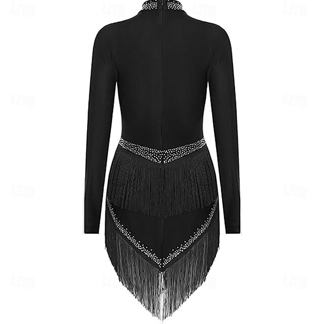 Robe De Danse Latine Femme Col V Manches Longues Pompon - Grande Jupe Pour Cha Cha Rumba Samba Tango