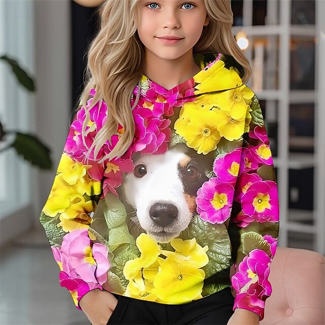  Fille 3D Fleuri Chien Sweat à Capuche manche longue Automne Hiver Mode Adorable Basique Enfants 4-12 ans À capuche Extérieur Occasionnel Quotidien Coupe régulière