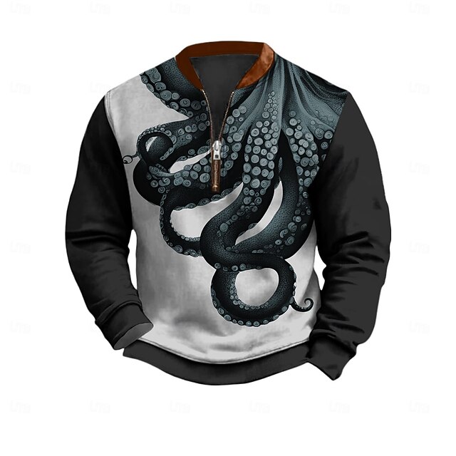 Men's Quarter Zip Sweatshirt Black White Half Zip Octopus Front Pocket Quarter Zip Daily Holiday Going out Polyester Vintage Streetwear Retro Fall Winter Clothing Apparel Hoodies Sweatshirts2
