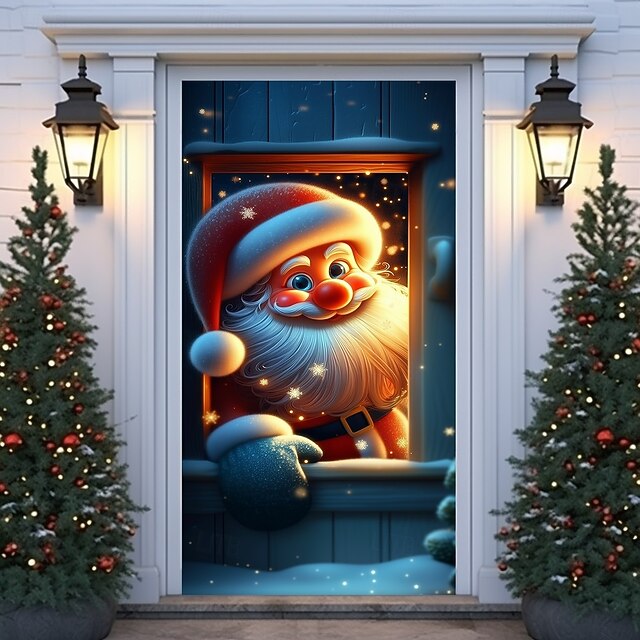 Christmas Door Cover Winter Holiday Curtain Decoration Festive Drapes Featuring Santa Claus Sitting On Window Sill With Merry Christmas Print Large Fabric Panel For Home Living Room Bedroom Entryway D3