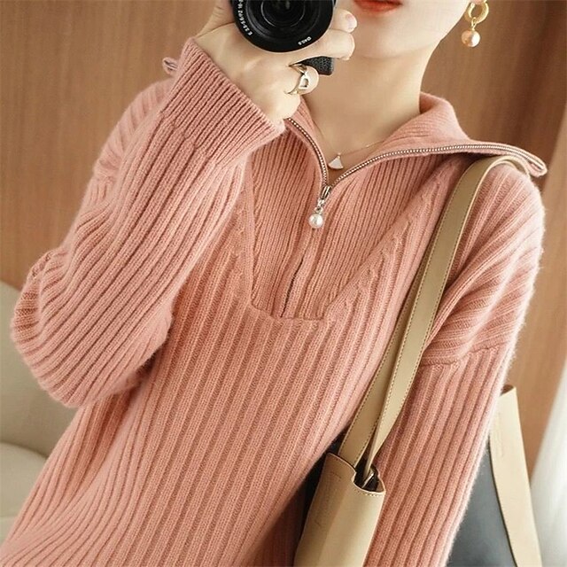 Women's Sweater Pullover Fashion Basic Casual Pure Color Ribbed Half Zip Zipper Knitted Long Sleeve Regular Tops Knit Outdoor Daily Weekend Pink Fall Winter4
