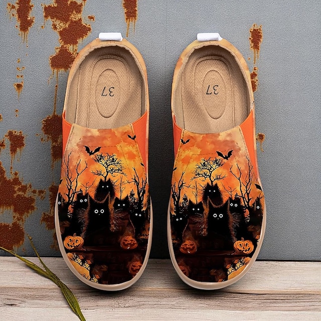  Damskie pomarańczowe, wsuwane buty z nadrukiem duchów i dyni – buty codzienne dla królowych Halloween, na październikowe urodziny, spacery i podróże