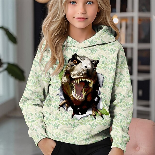 Girls' 3D Leaf Dinosaur Hoodie Long Sleeve Fall Winter Fashion Adorable Basic Kids 4-12 Years Hooded Outdoor Casual Daily Regular Fit4