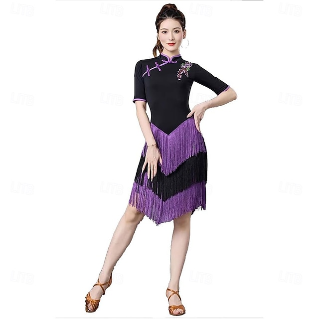  Robe de compétition de danse latine à franges pour femmes, cheongsam, pompons, jupe d'entraînement de valse, cha cha salsa