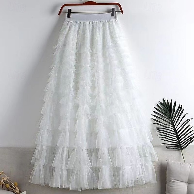 Femmes Jupe Trapèze Élégant Mode Occasionnel Maxi Taille haute Jupes Uni Superposé Micro-Élastique Soirée Rue Vin Noir Blanche Rose Printemps Chiffon Tulle