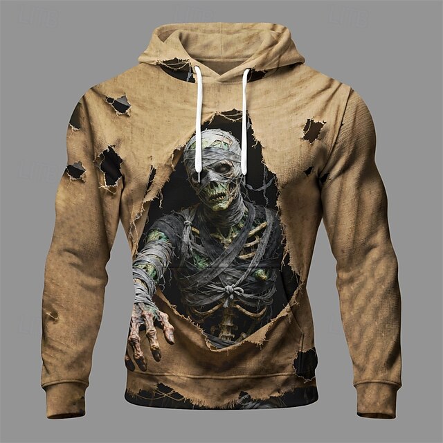Halloween Men's Skull Monster Hoodie Fashion Daily Hooded Vacation Party Streetwear Khaki Drawstring Printing Fall Winter Designer4
